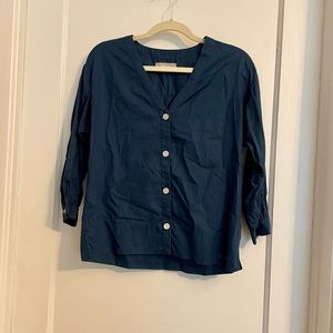 Everlane navy bell sleeve button down blouse